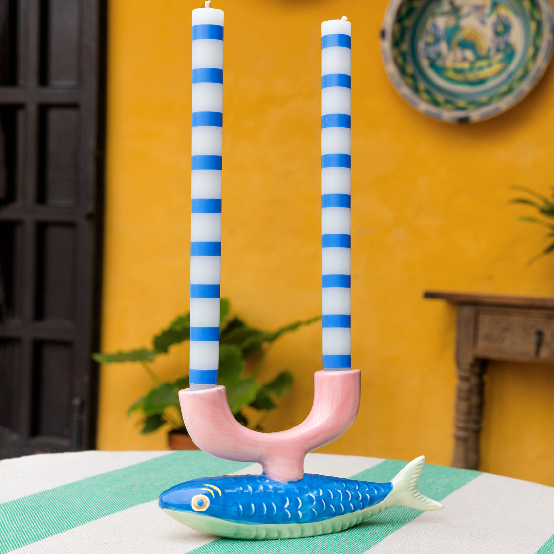 Blue and White Striped Dinner Candle