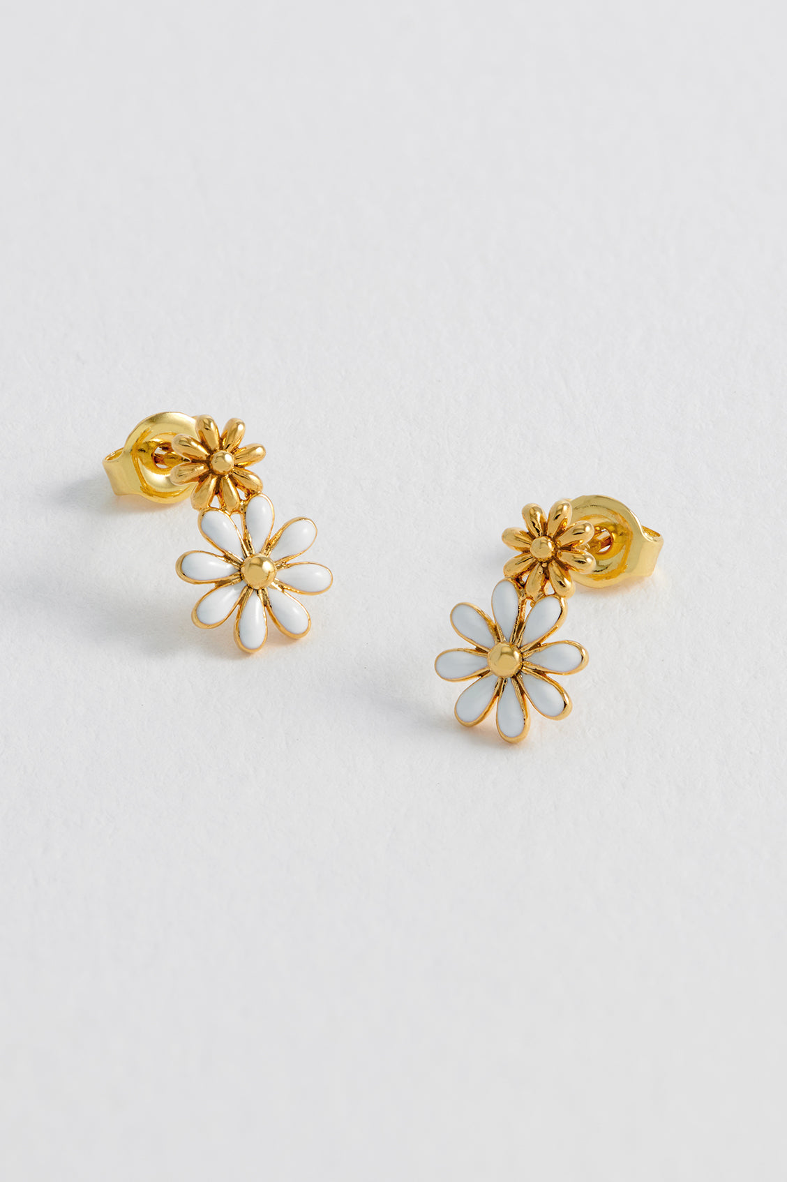 White Enamel Double Flower Stud Earrings