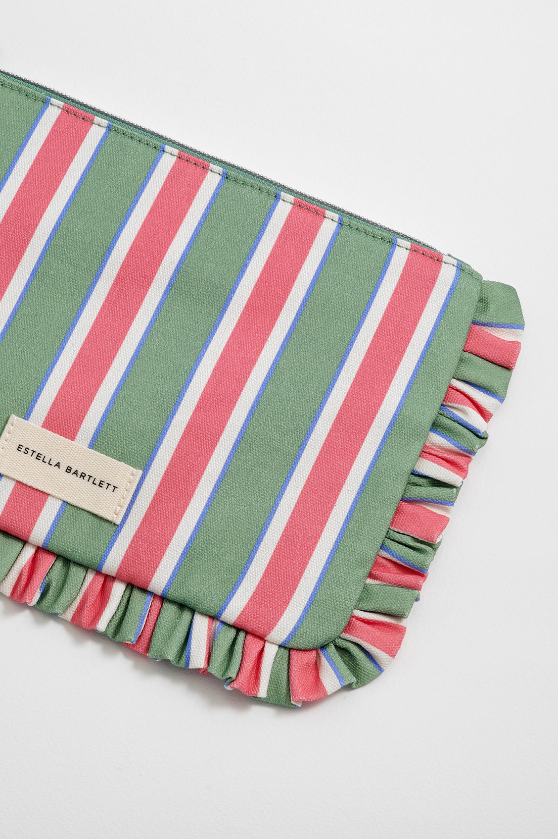 Green Stripe Ruffle Pouch for Stylish Storage