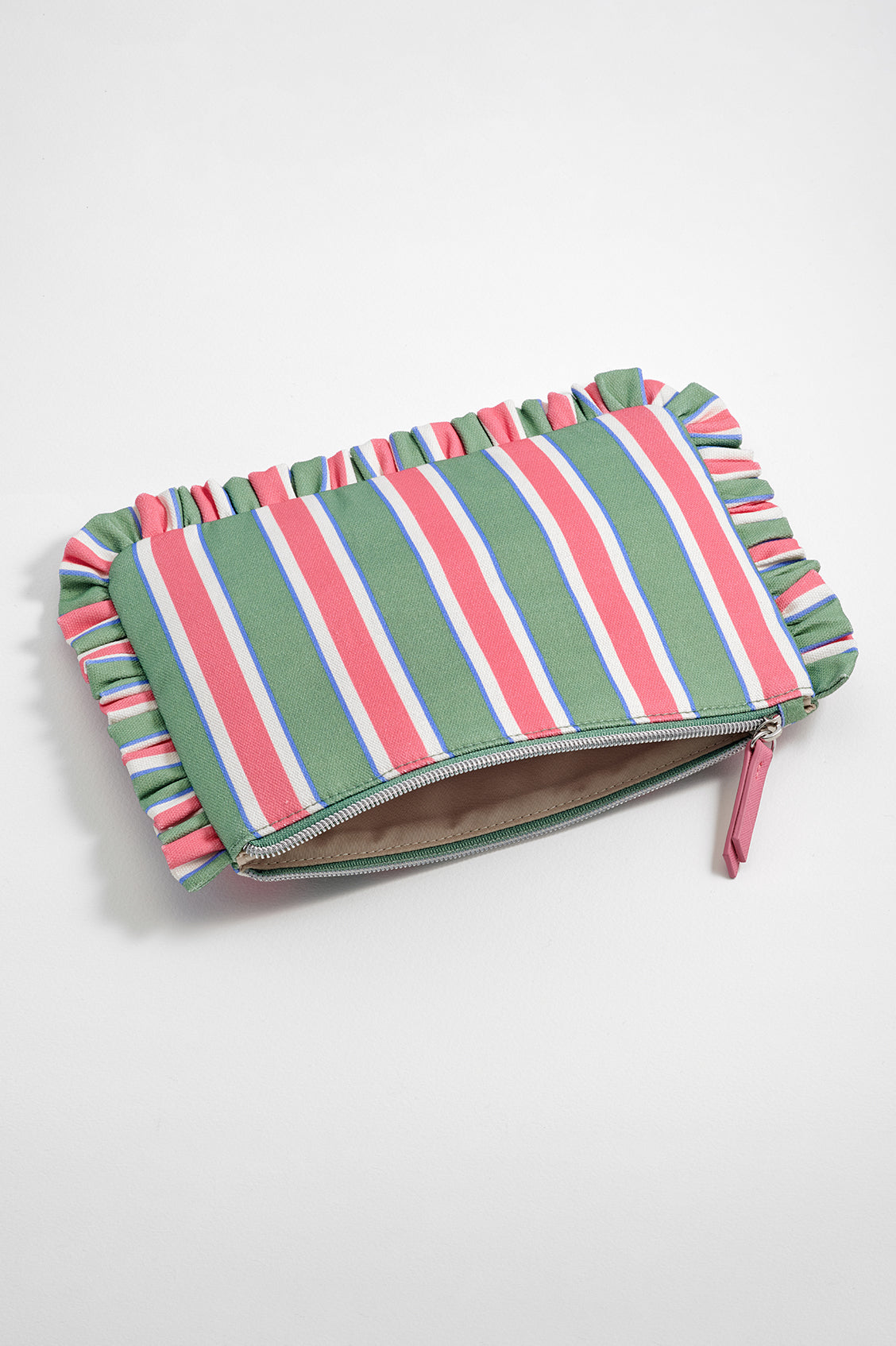 Green Stripe Ruffle Pouch for Stylish Storage