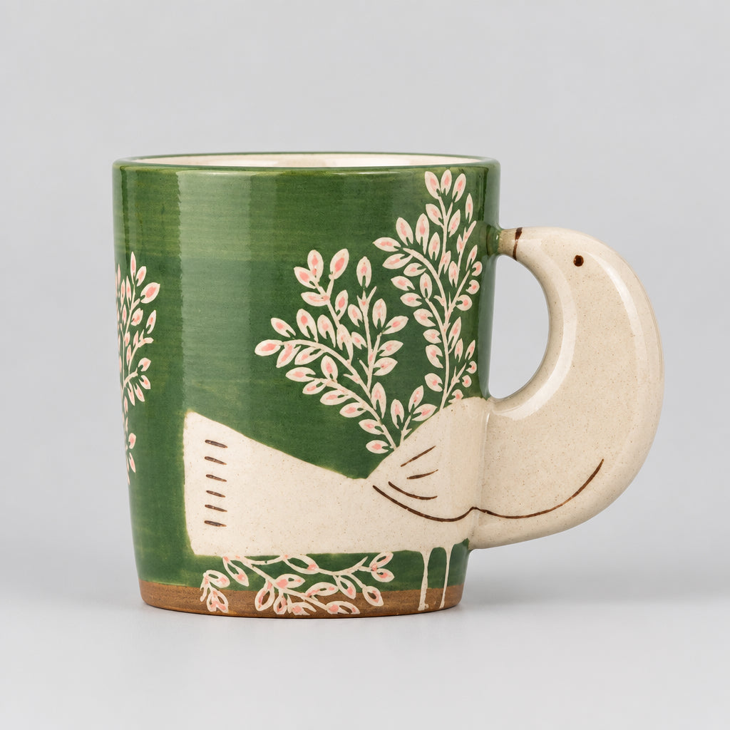 Hezha Stoneware Cup in Green with Floral Design
