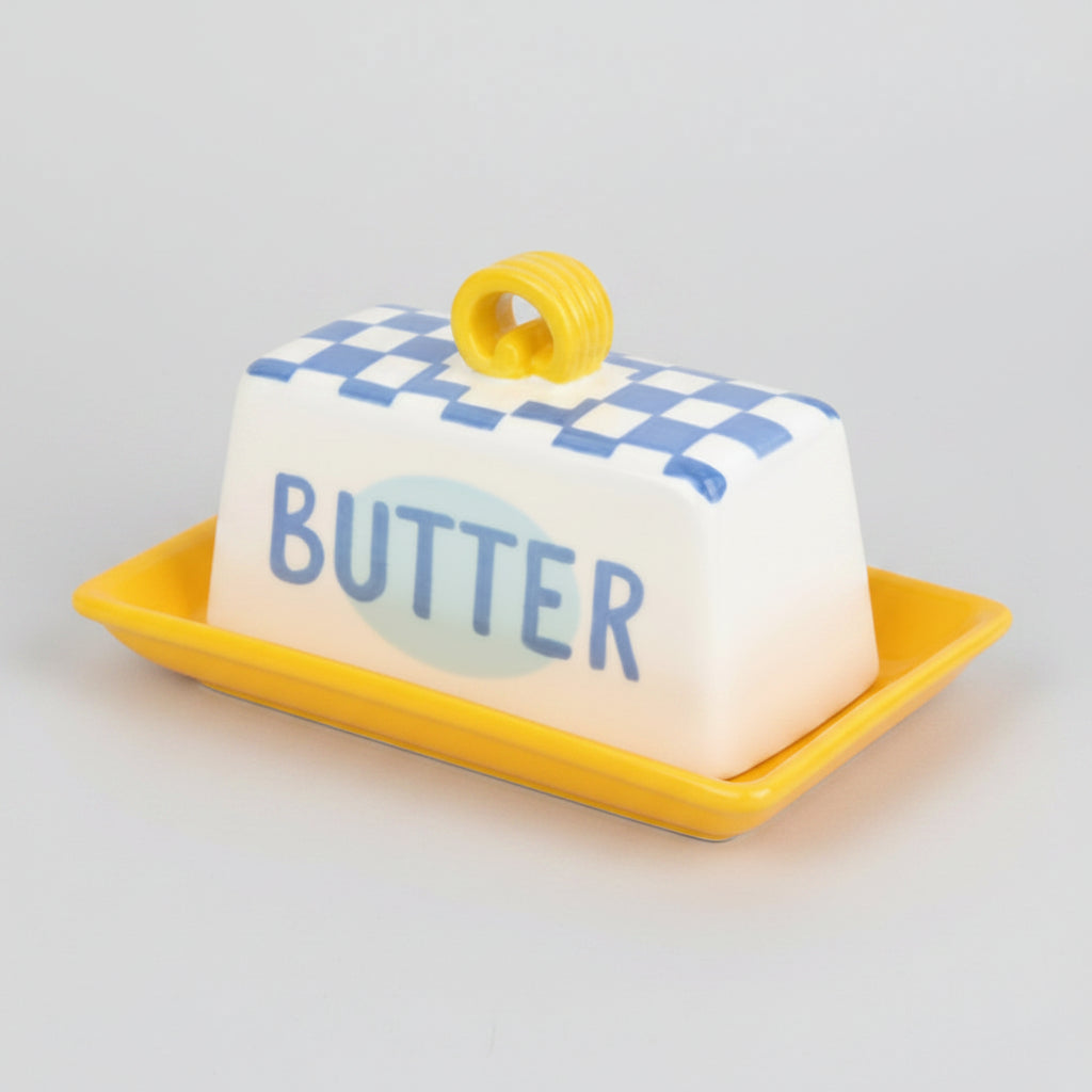 Hand-Painted Blue Check Butter Dish