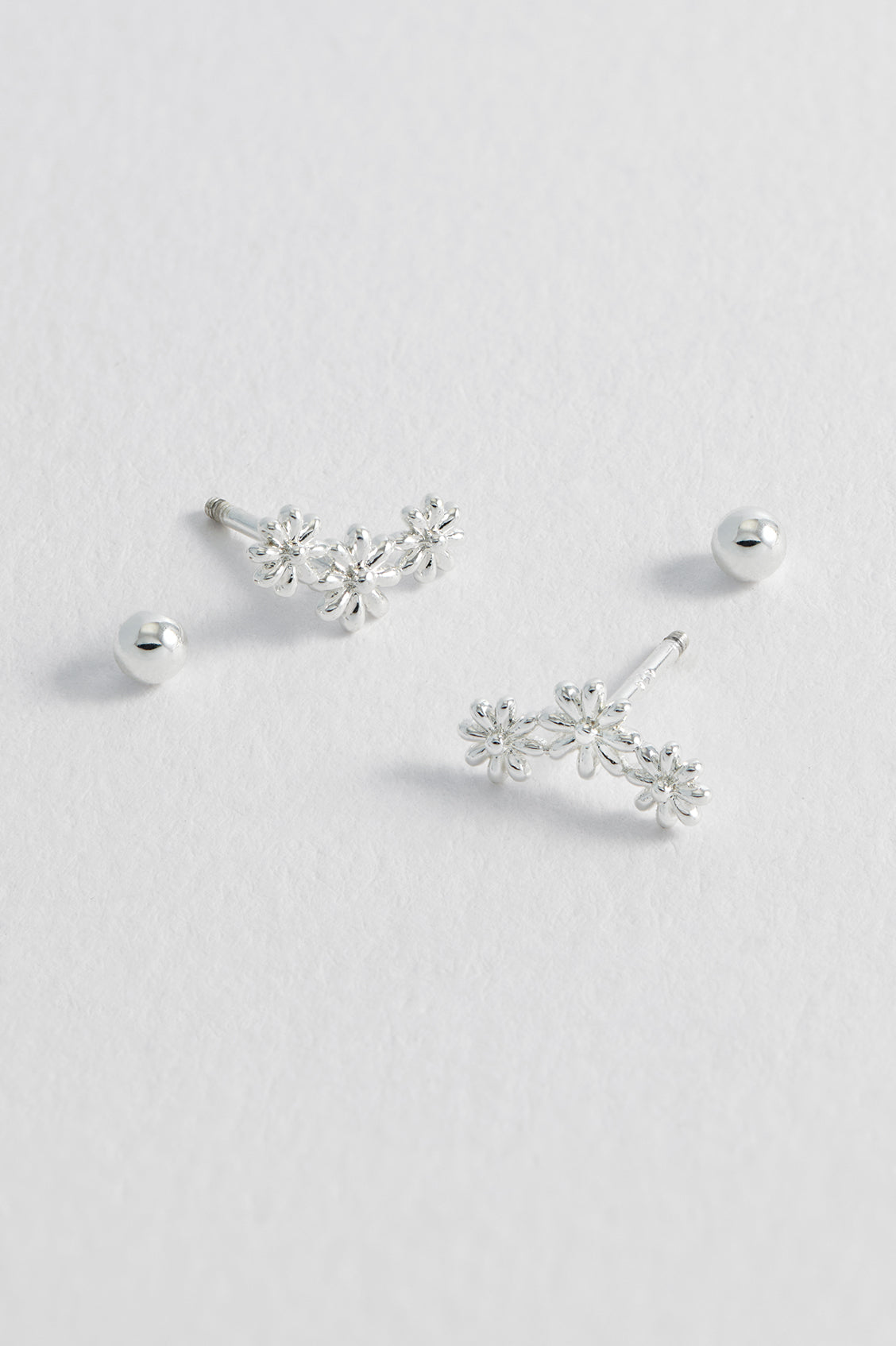 Silver Triple Flower Stud Earrings