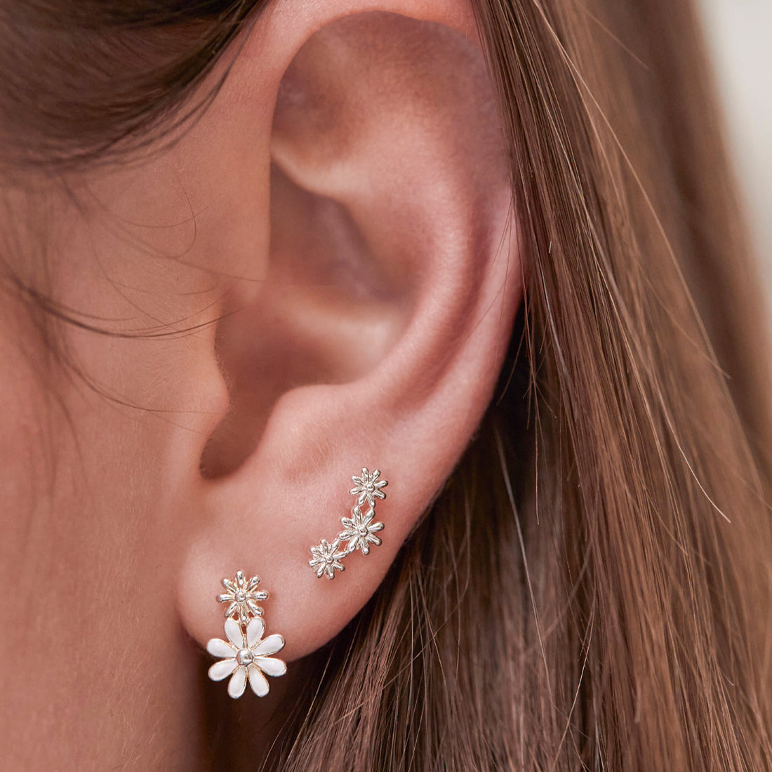 Silver Triple Flower Stud Earrings