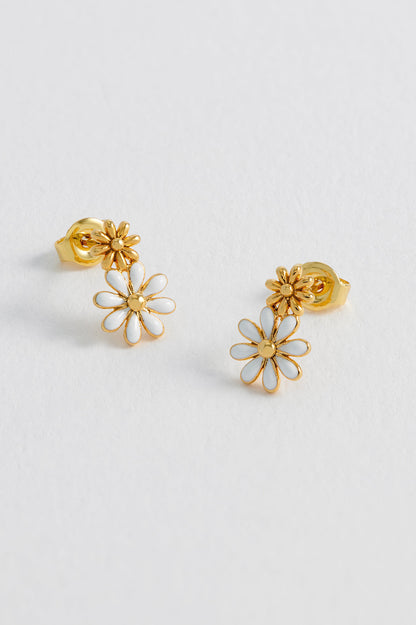 White Enamel Double Flower Stud Earrings