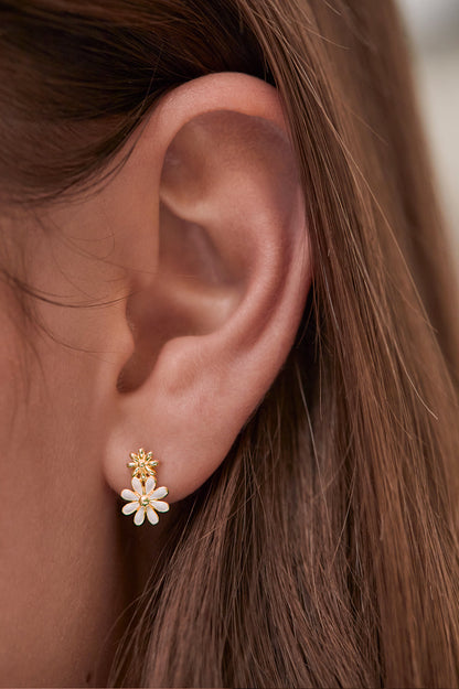 White Enamel Double Flower Stud Earrings