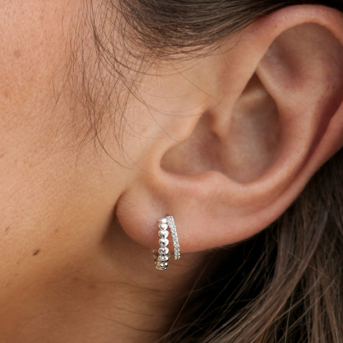 Heart and CZ Double Illusion Huggie Hoops