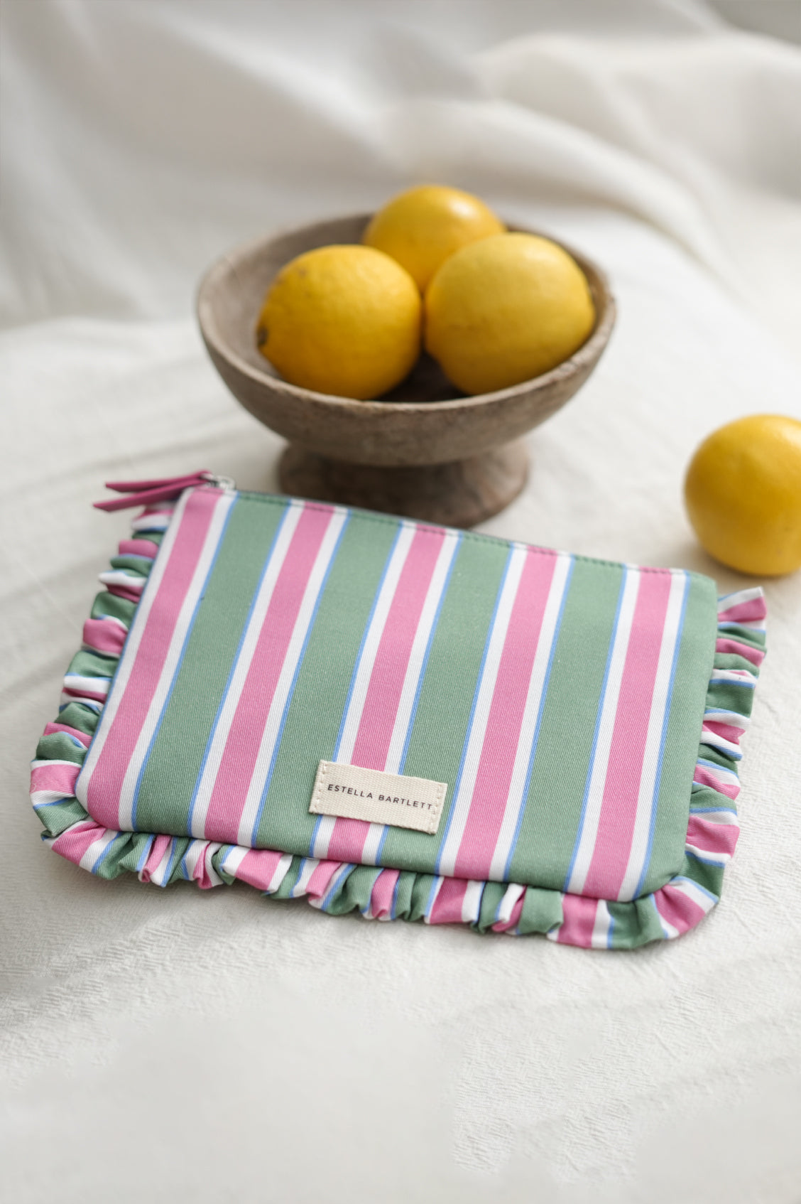 Green Stripe Ruffle Pouch for Stylish Storage