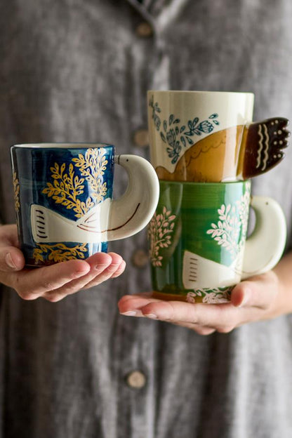 Hezha Stoneware Cup in Green with Floral Design