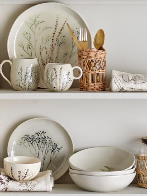 Bea Stoneware Mug in White with Botanical Design