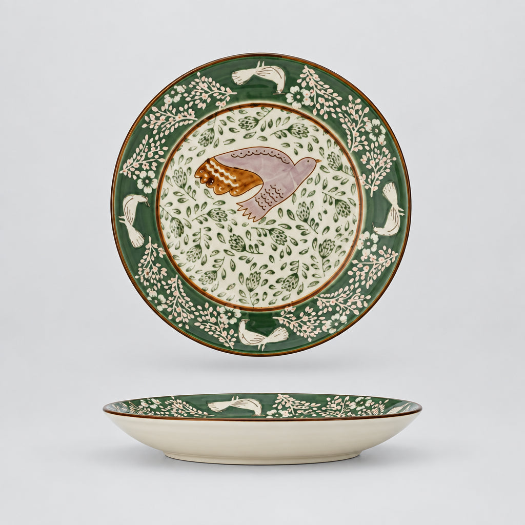 Hezha Green Stoneware Plate with Floral Detail