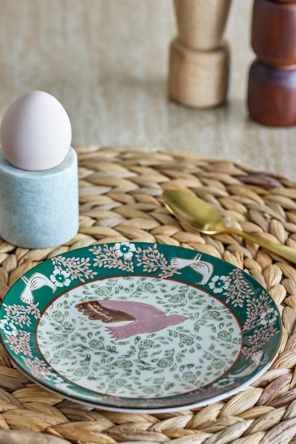Hezha Green Stoneware Plate with Floral Detail
