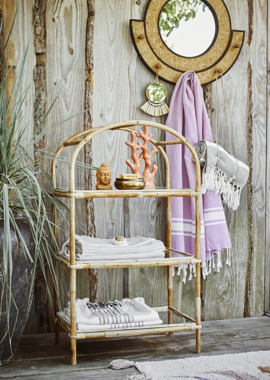 Madam Stoltz Round Bamboo Mirror with Hooks